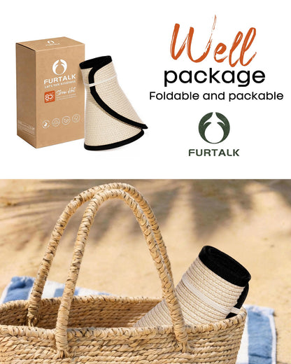 FURTALK Sun Visor Hats for Women Wide Brim Straw Roll Up Ponytail Summer Beach Hat UV UPF 50 Packable Foldable Travel