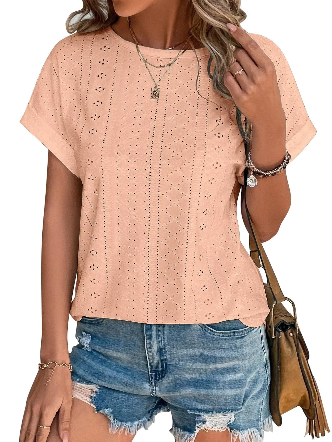 Womens Tops Eyelet Embroidery Summer Spring Crewneck Curved Hem 2025 Casual Cap Short Sleeve Tunic Trendy T Shirts