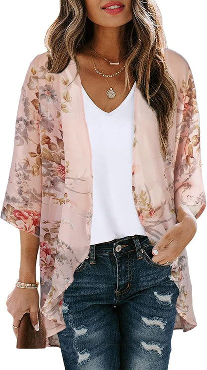 Womens Floral Kimono Cardigan Chiffon Beach Coverups Sheer Swimsuit Cover Up Casual Summer Tops