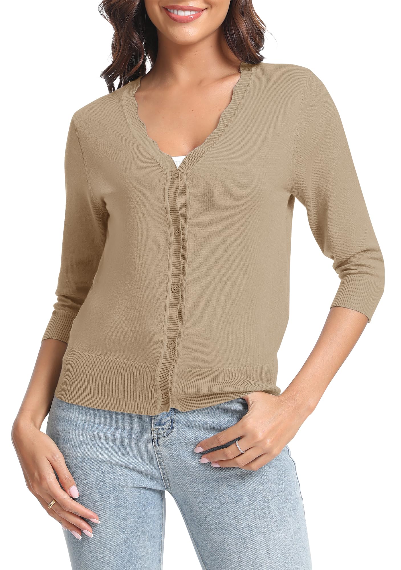 Urban CoCo Woman's 3/4 Sleeve Solid V-Neck Cardigan Sweater for Dress Lightweight Knit Shrugs