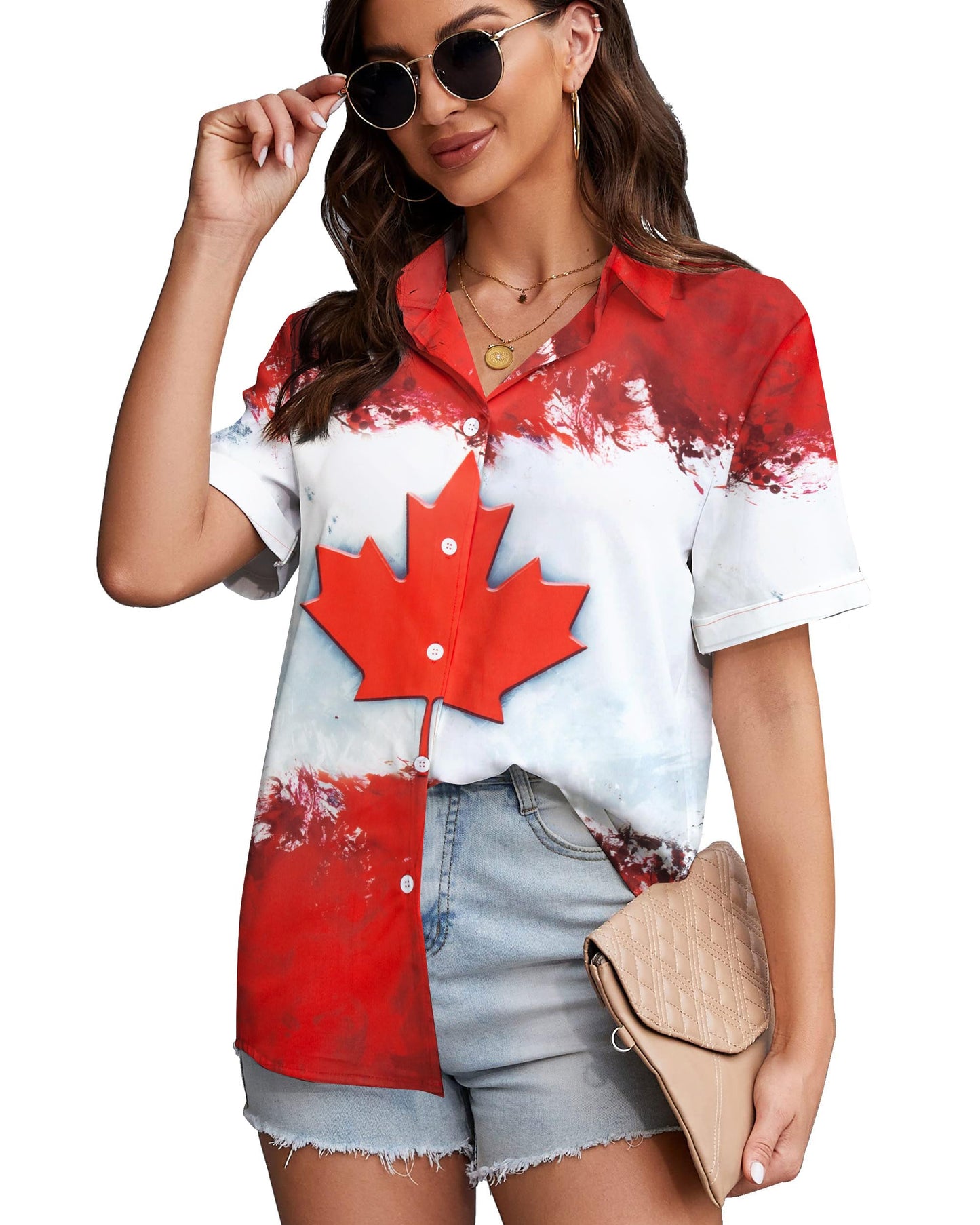 DUTUT Hawaiian Shirts for Women EH Maple Leaf Button Down Shirt Funny Graphic Tshirts Casual Short Sleeve Tops