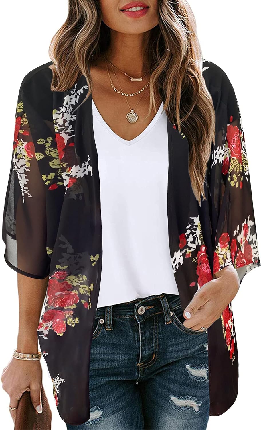 Womens Floral Kimono Cardigan Chiffon Beach Coverups Sheer Swimsuit Cover Up Casual Summer Tops