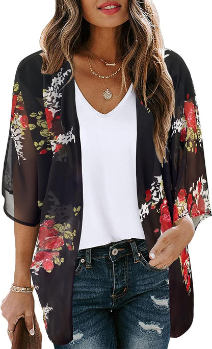 Womens Floral Kimono Cardigan Chiffon Beach Coverups Sheer Swimsuit Cover Up Casual Summer Tops