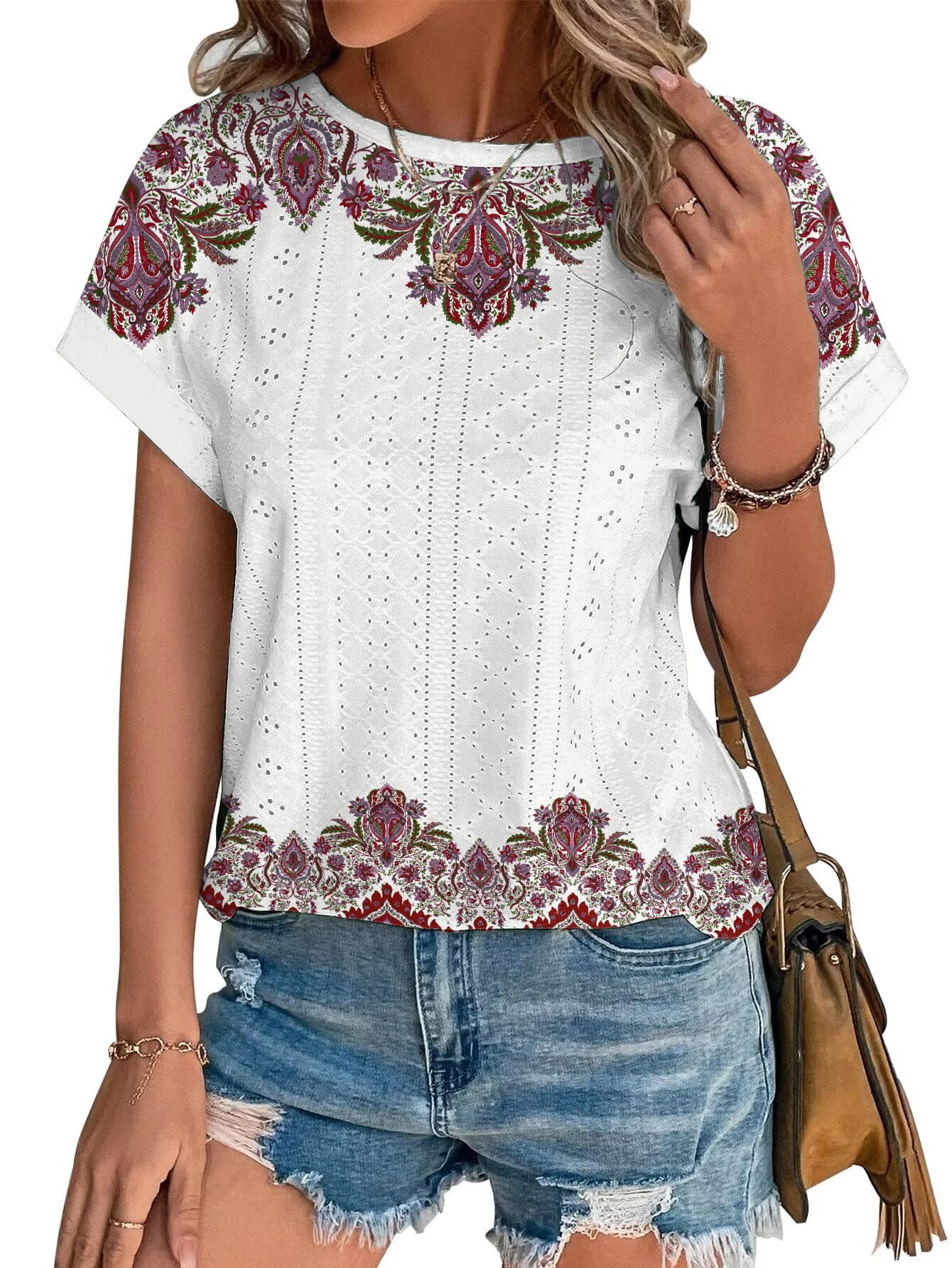 Womens Tops Eyelet Embroidery Summer Spring Crewneck Curved Hem 2025 Casual Cap Short Sleeve Tunic Trendy T Shirts