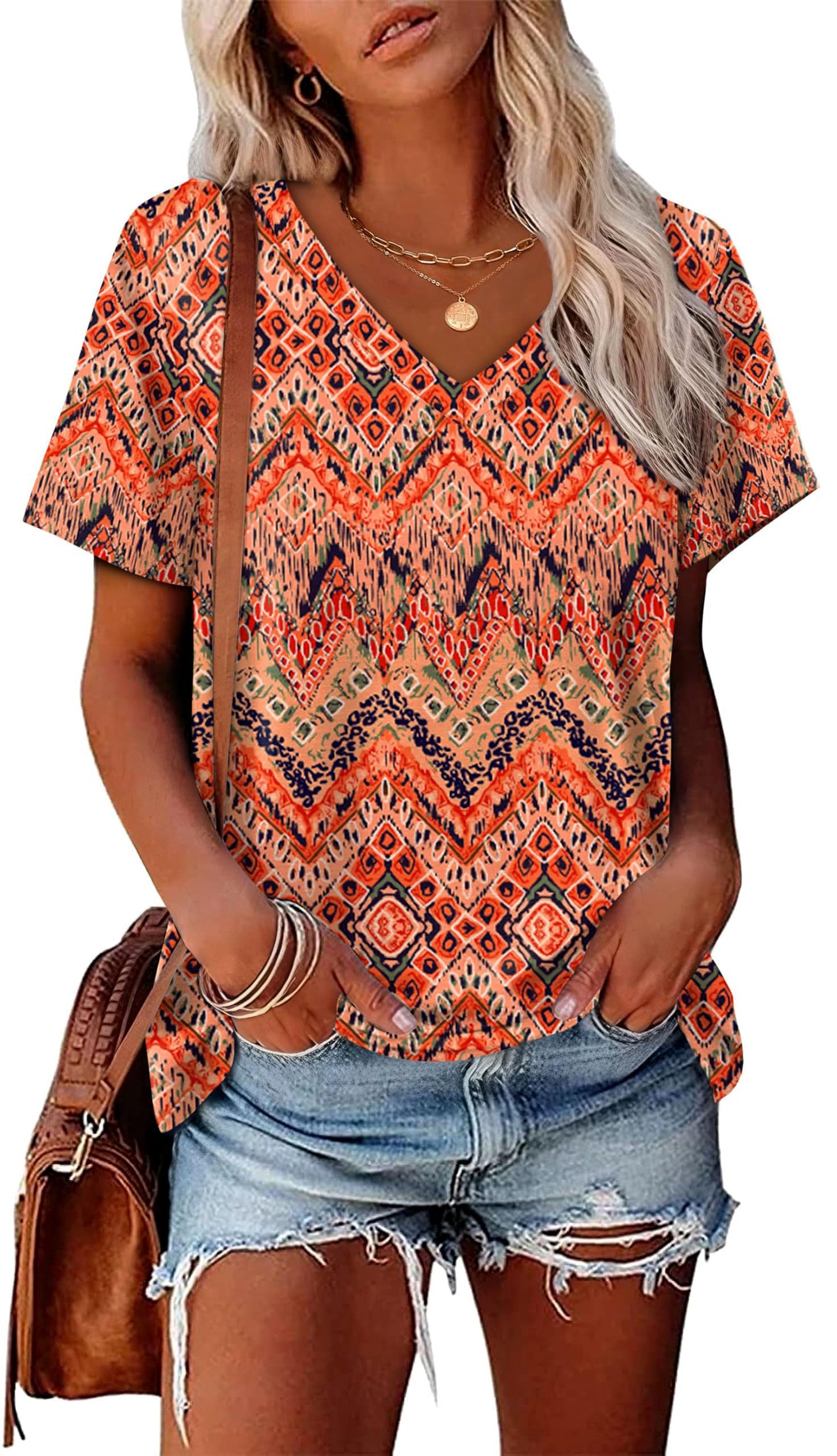 Womens Summer Tops Short Sleeve V Neck Casual T-Shirts Printed Trendy Vacation Outfits