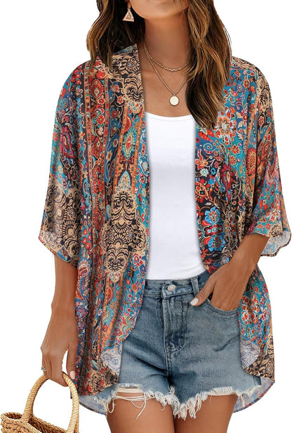 Womens Floral Kimono Cardigan Chiffon Beach Coverups Sheer Swimsuit Cover Up Casual Summer Tops