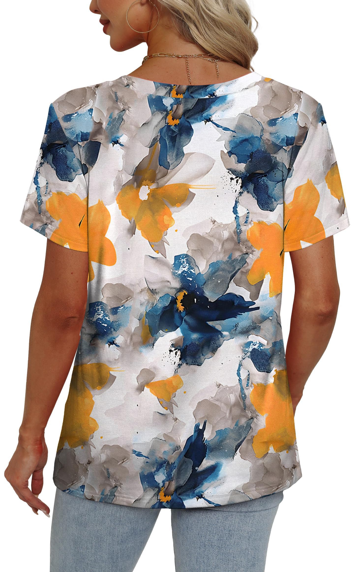 Womens Summer Tops Short Sleeve V Neck Casual T-Shirts Printed Trendy Vacation Outfits