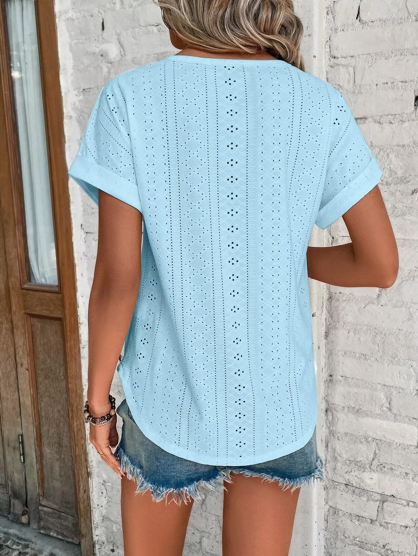 Womens Tops Eyelet Embroidery Summer Spring Crewneck Curved Hem 2025 Casual Cap Short Sleeve Tunic Trendy T Shirts