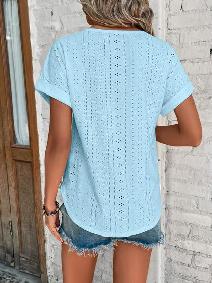 Womens Tops Eyelet Embroidery Summer Spring Crewneck Curved Hem 2025 Casual Cap Short Sleeve Tunic Trendy T Shirts