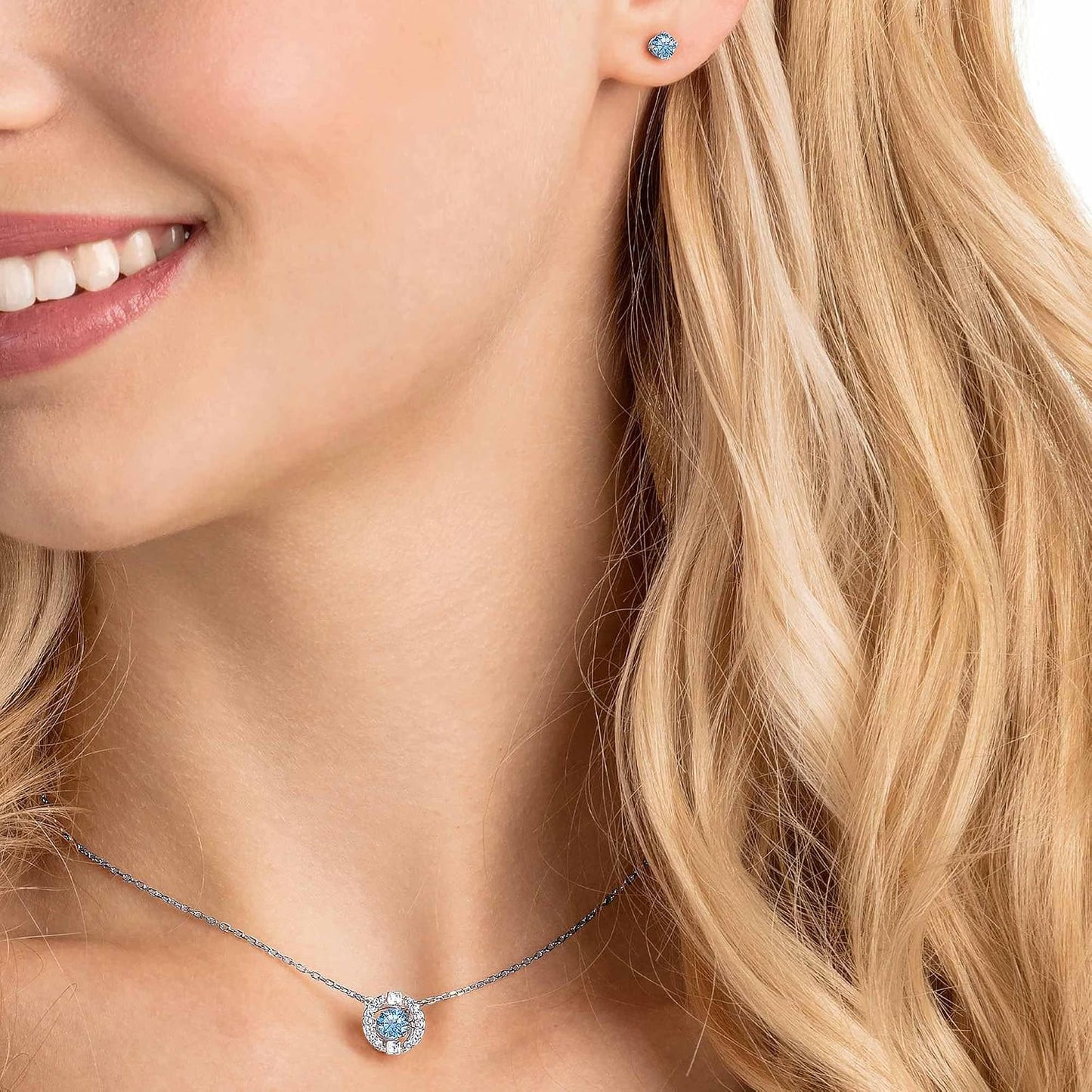 Swarovski Sparkling Dance Round Pendant Necklace and Stud Pierced Earrings Set with Blue Crystals on a Rhodium Plated Setting