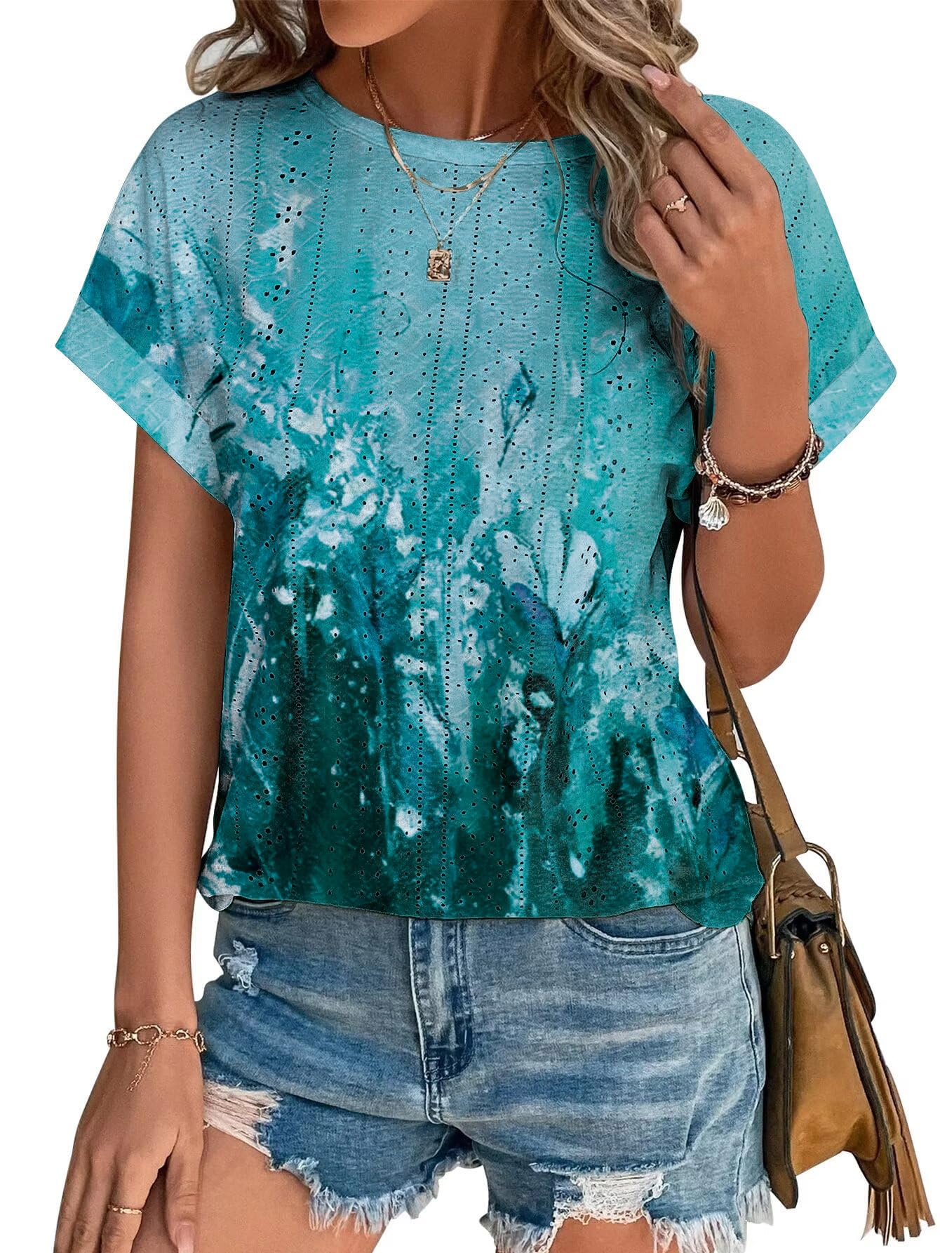 Womens Tops Eyelet Embroidery Summer Spring Crewneck Curved Hem 2025 Casual Cap Short Sleeve Tunic Trendy T Shirts