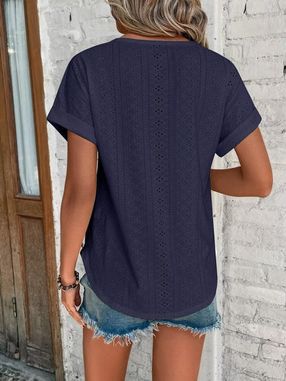 Womens Tops Eyelet Embroidery Summer Spring Crewneck Curved Hem 2025 Casual Cap Short Sleeve Tunic Trendy T Shirts