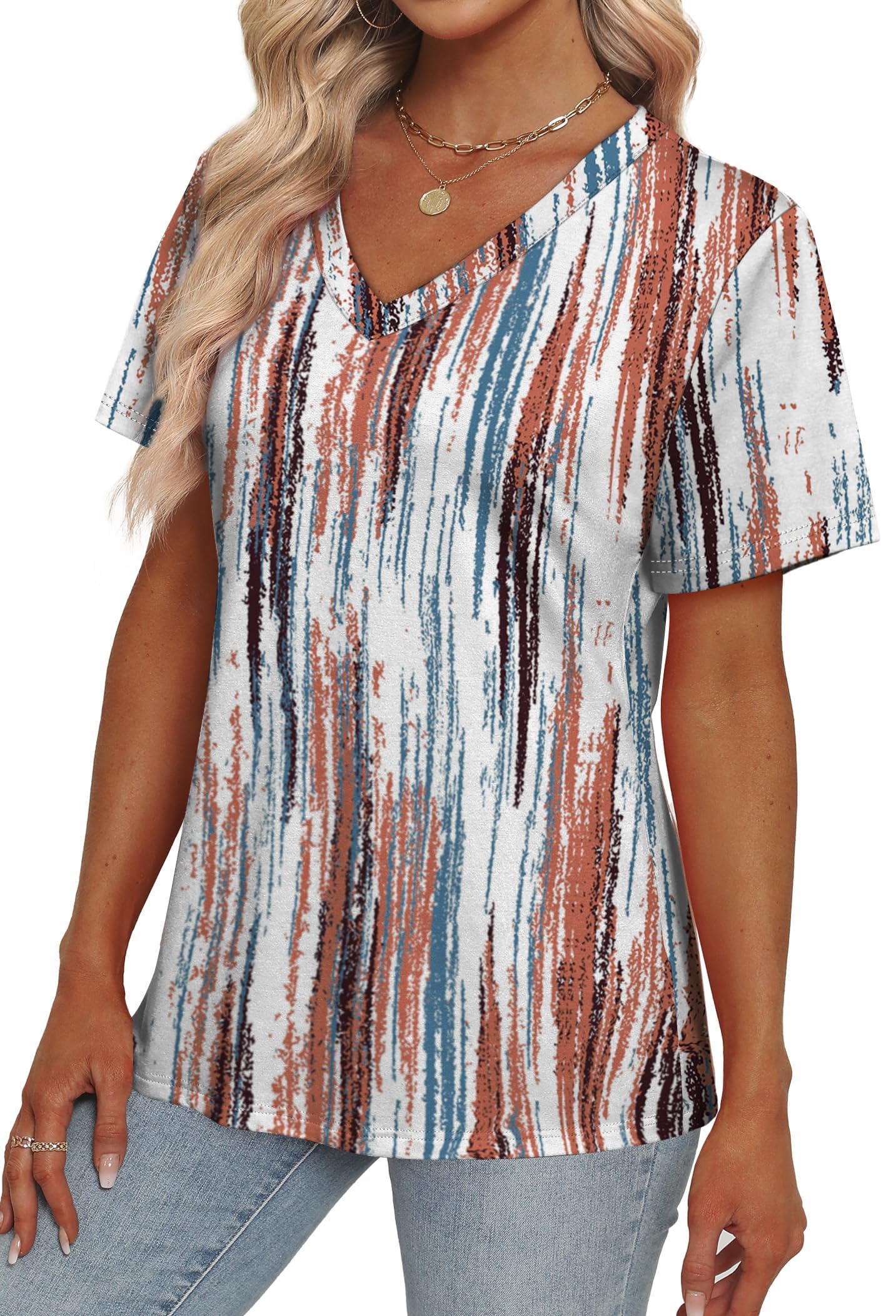 Womens Summer Tops Short Sleeve V Neck Casual T-Shirts Printed Trendy Vacation Outfits