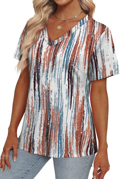 Womens Summer Tops Short Sleeve V Neck Casual T-Shirts Printed Trendy Vacation Outfits