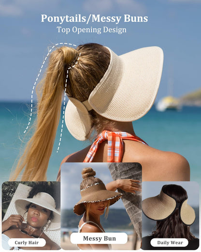 FURTALK Sun Visor Hats for Women Wide Brim Straw Roll Up Ponytail Summer Beach Hat UV UPF 50 Packable Foldable Travel
