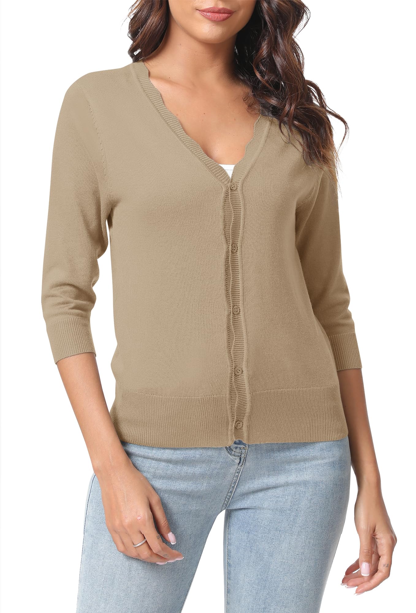 Urban CoCo Woman's 3/4 Sleeve Solid V-Neck Cardigan Sweater for Dress Lightweight Knit Shrugs