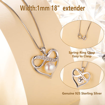 NONNYL Heart-Pearl-Necklace- Gifts for Women, Mom Wife Girlfriend Her Anniversary Birthday Mothers Day Valentine's Day Christmas Jewelry Gifts Real 8-9mm White Freshwater Cultured Pearls Pendant