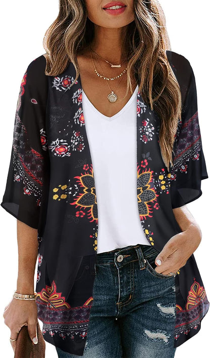 Womens Floral Kimono Cardigan Chiffon Beach Coverups Sheer Swimsuit Cover Up Casual Summer Tops