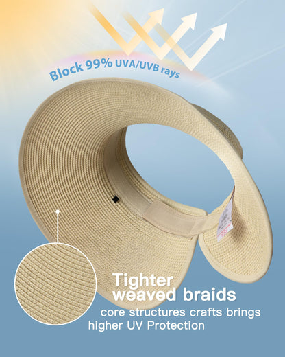 FURTALK Sun Visor Hats for Women Wide Brim Straw Roll Up Ponytail Summer Beach Hat UV UPF 50 Packable Foldable Travel