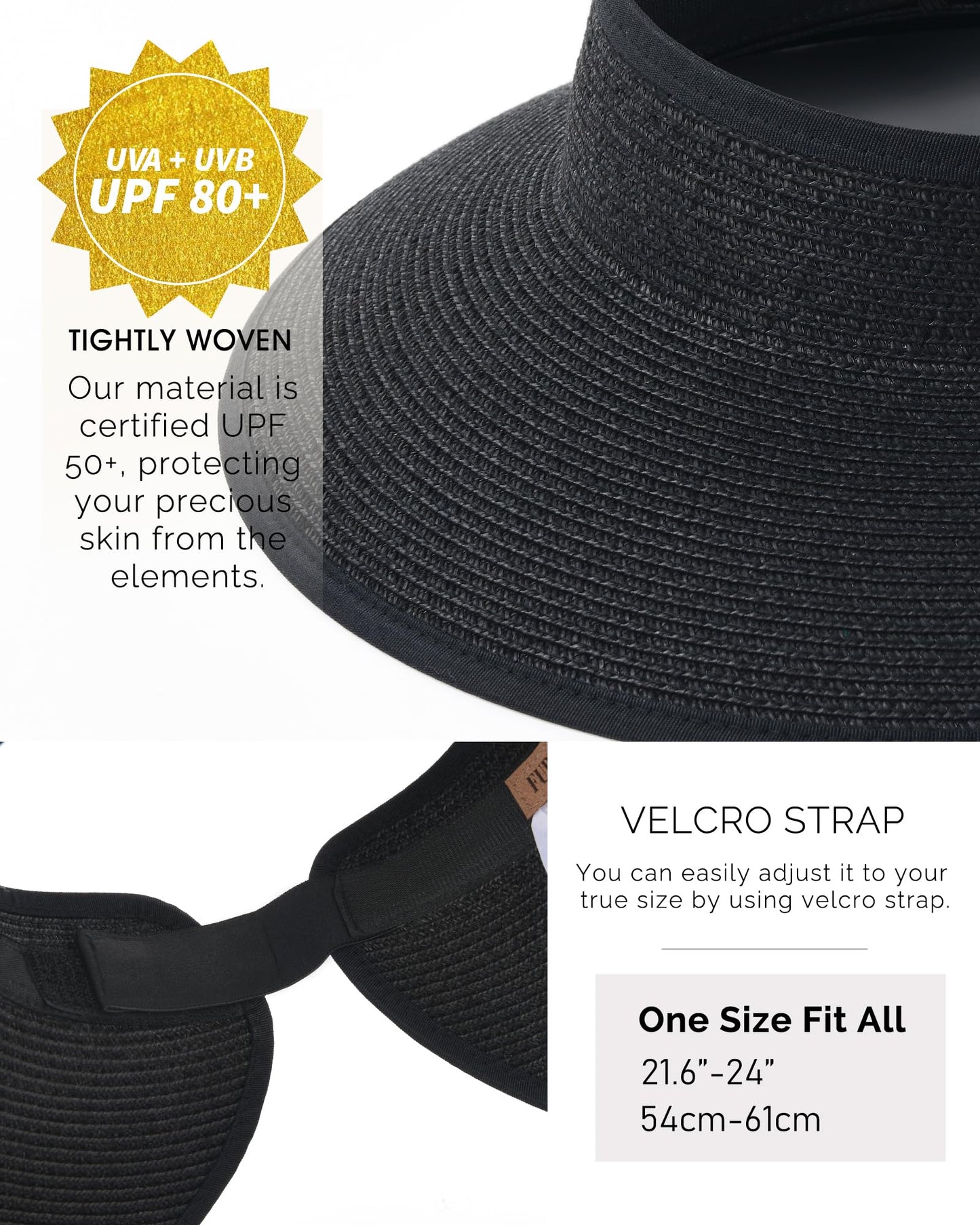 FURTALK Sun Visor Hats for Women Wide Brim Straw Roll Up Ponytail Summer Beach Hat UV UPF 50 Packable Foldable Travel