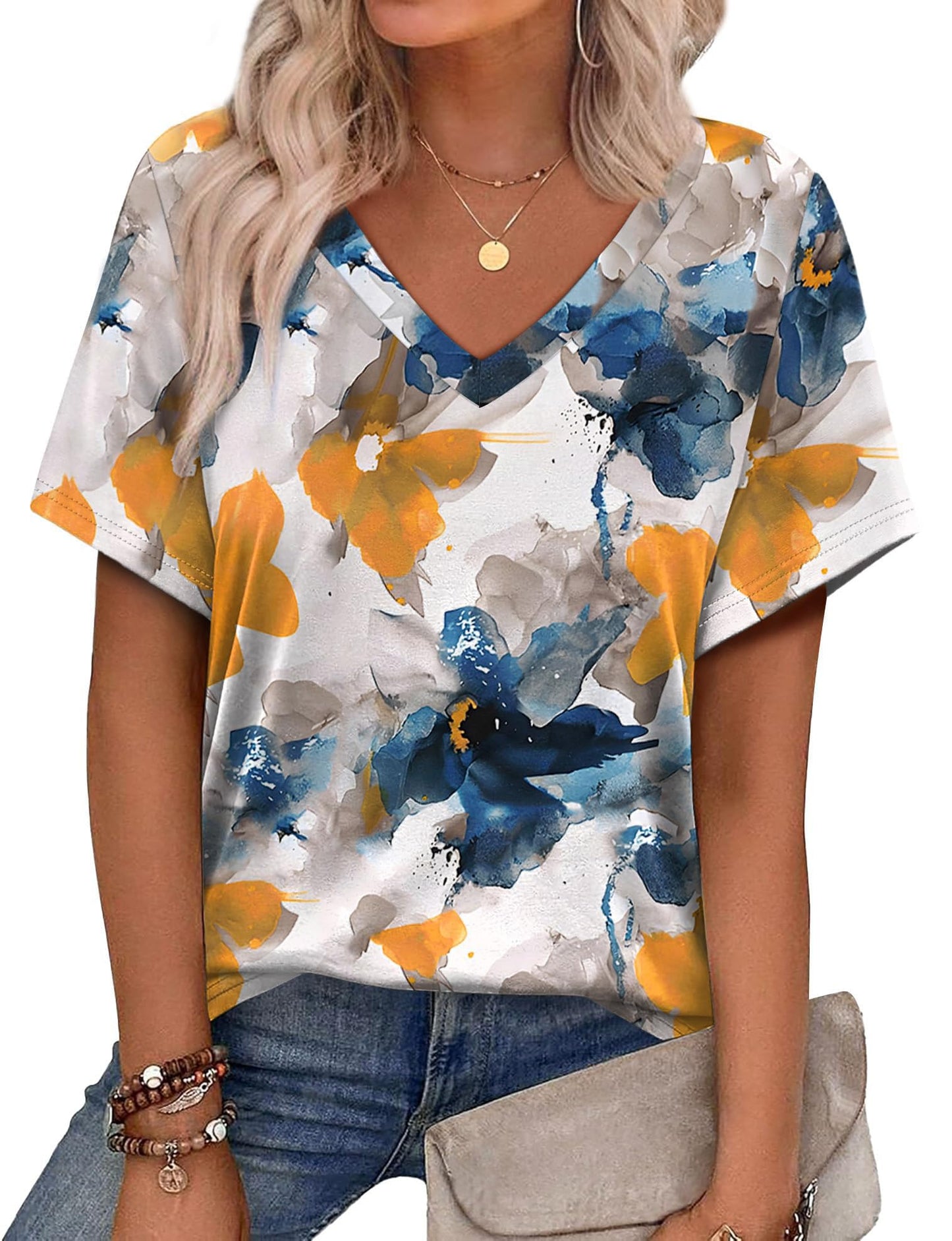 Womens Summer Tops Short Sleeve V Neck Casual T-Shirts Printed Trendy Vacation Outfits