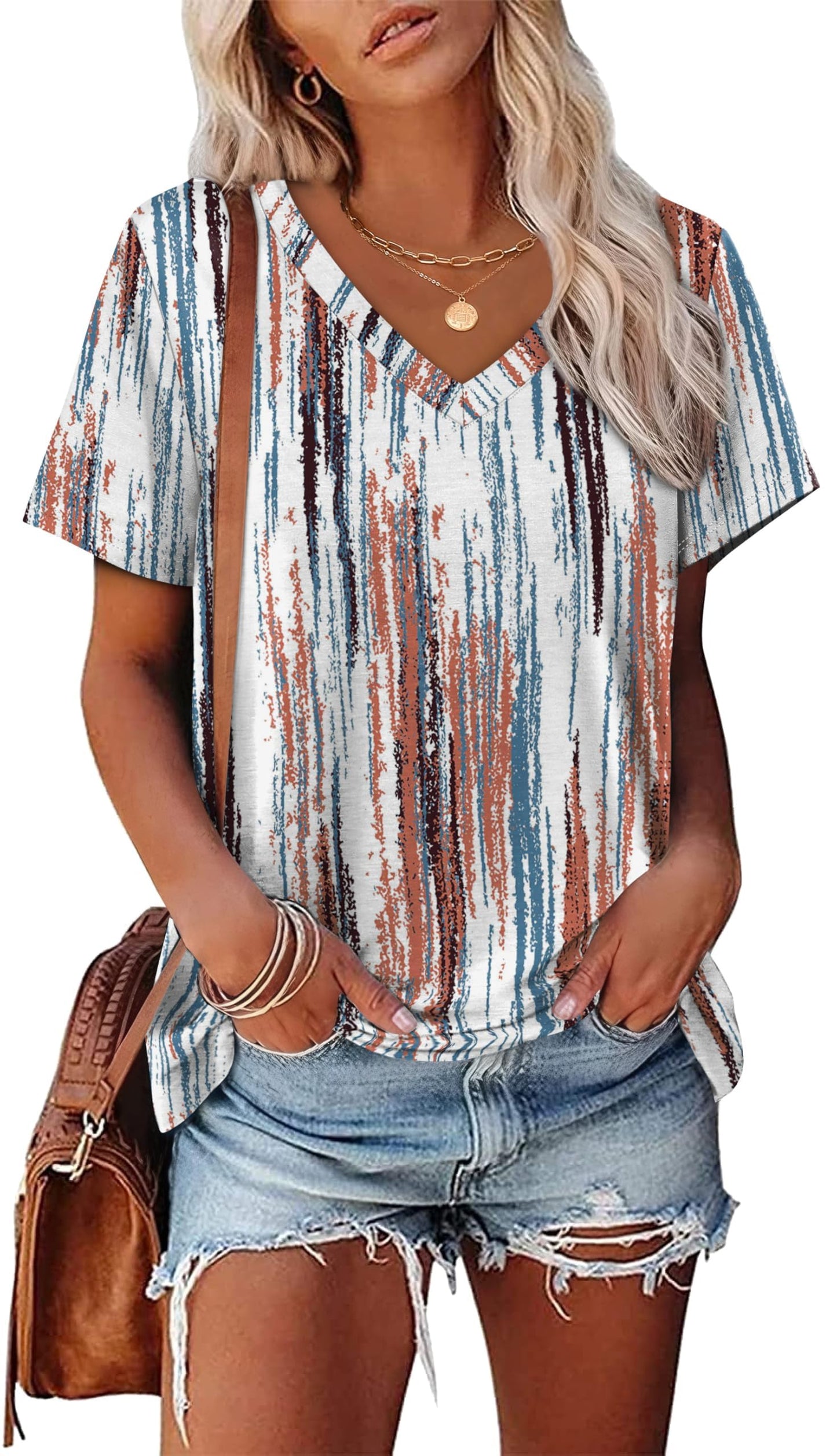 Womens Summer Tops Short Sleeve V Neck Casual T-Shirts Printed Trendy Vacation Outfits