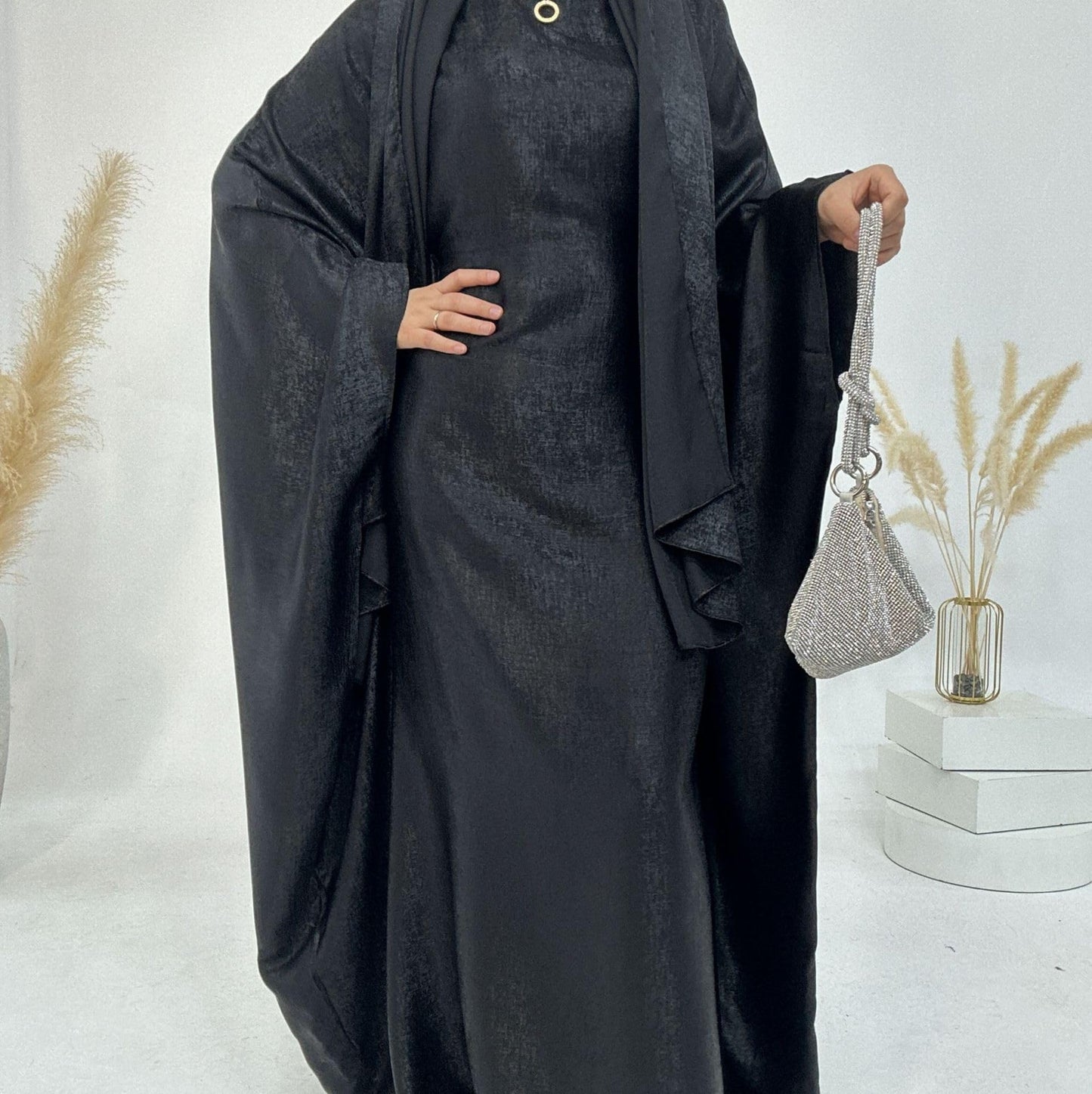 Women Prayer Abaya Dubai Bat Sleeve Dress Islamic Printed Long Robe with Belt