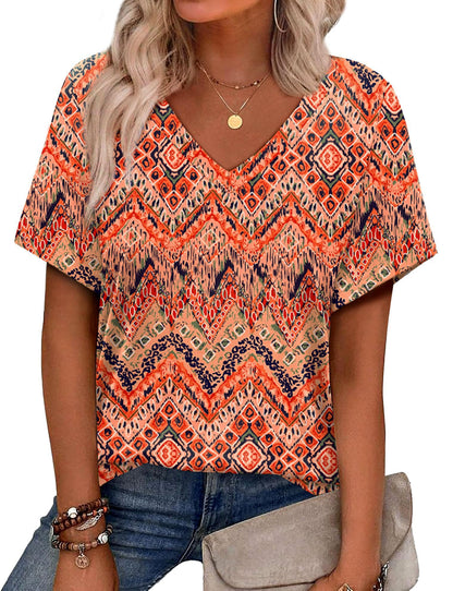 Womens Summer Tops Short Sleeve V Neck Casual T-Shirts Printed Trendy Vacation Outfits