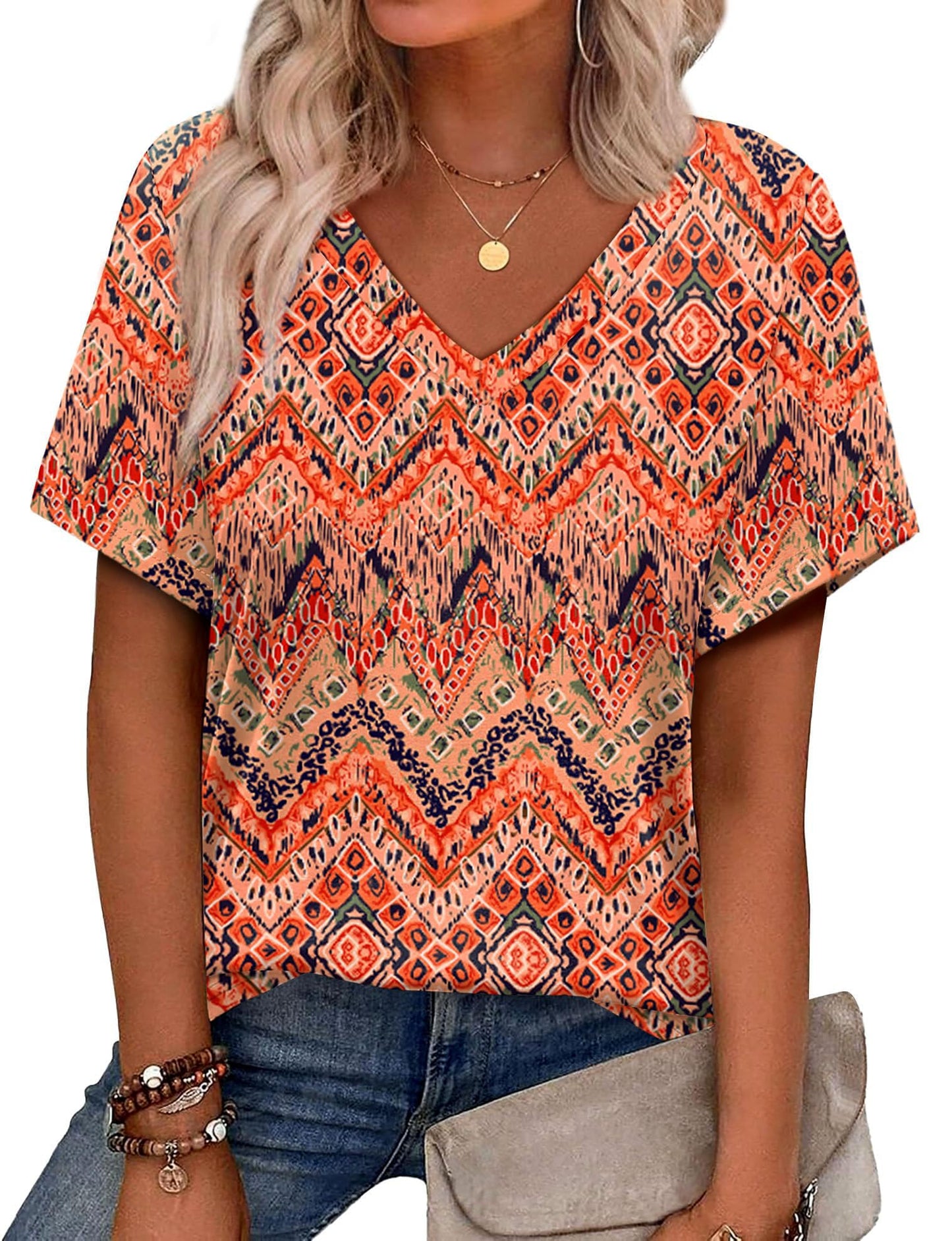 Womens Summer Tops Short Sleeve V Neck Casual T-Shirts Printed Trendy Vacation Outfits