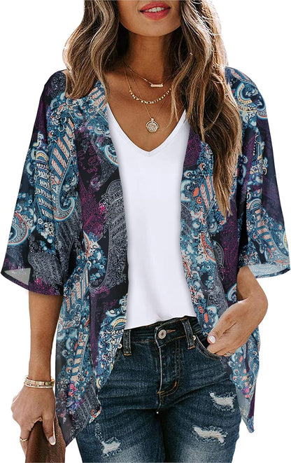 Womens Floral Kimono Cardigan Chiffon Beach Coverups Sheer Swimsuit Cover Up Casual Summer Tops