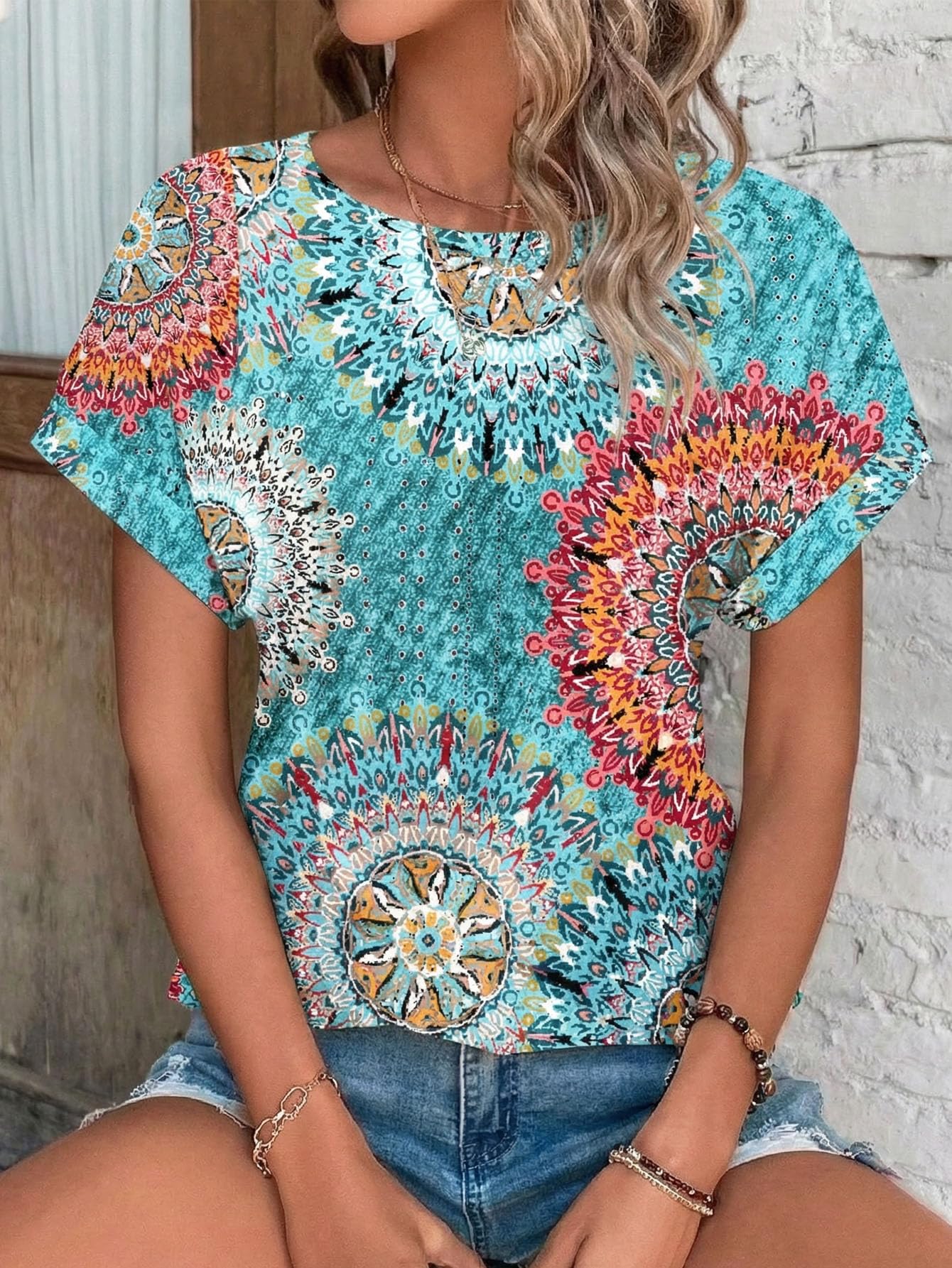 Womens Tops Eyelet Embroidery Summer Spring Crewneck Curved Hem 2025 Casual Cap Short Sleeve Tunic Trendy T Shirts