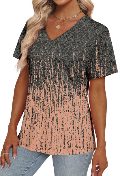 Womens Summer Tops Short Sleeve V Neck Casual T-Shirts Printed Trendy Vacation Outfits