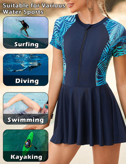 FEOYA Women's Short Sleeve Swimsuits Swim Dress 50+ UPF Rash Guard Modest One Piece Swimwear with Skirt Bathing Suit