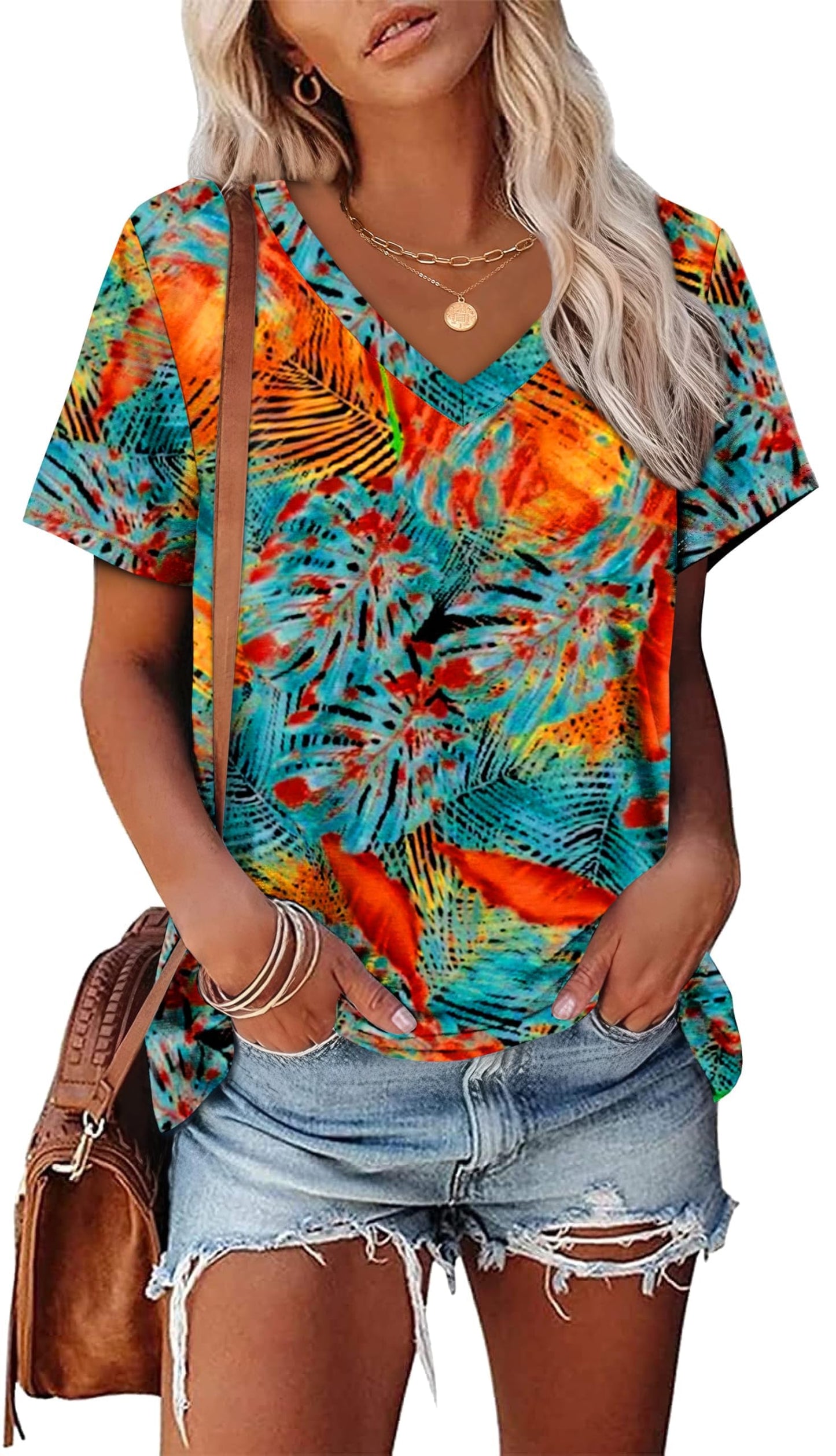 Womens Summer Tops Short Sleeve V Neck Casual T-Shirts Printed Trendy Vacation Outfits