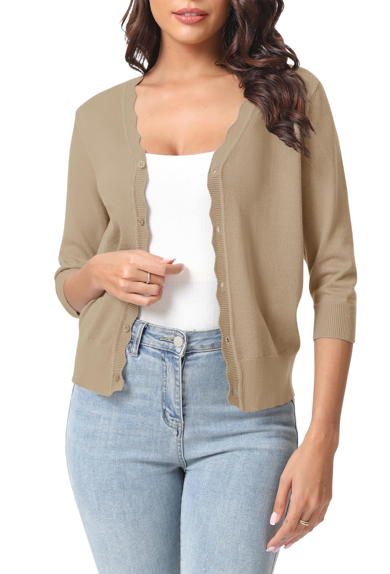 Urban CoCo Woman's 3/4 Sleeve Solid V-Neck Cardigan Sweater for Dress Lightweight Knit Shrugs