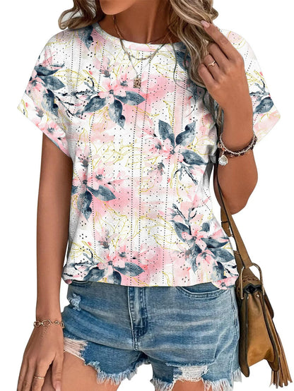 Womens Tops Eyelet Embroidery Summer Spring Crewneck Curved Hem 2025 Casual Cap Short Sleeve Tunic Trendy T Shirts