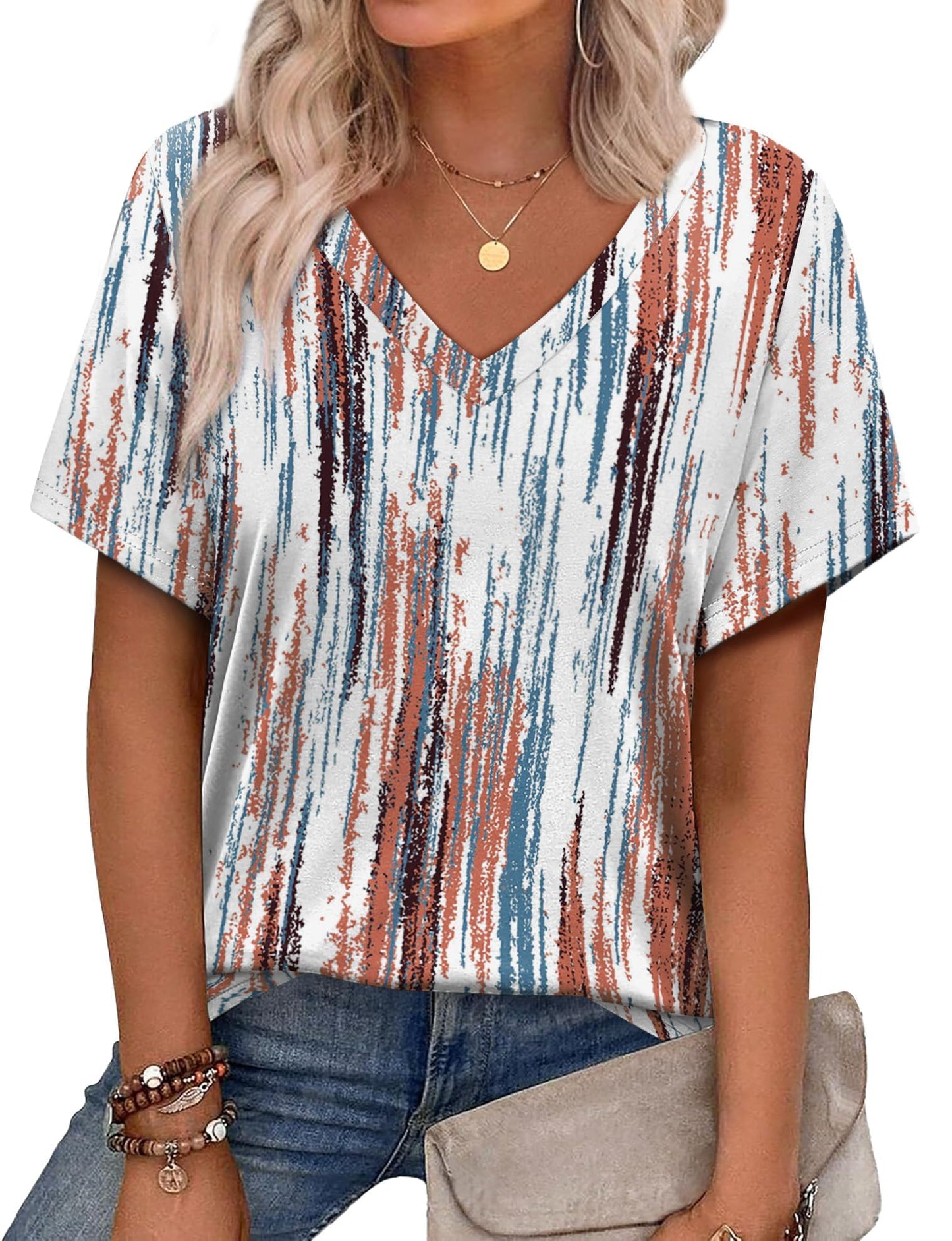 Womens Summer Tops Short Sleeve V Neck Casual T-Shirts Printed Trendy Vacation Outfits