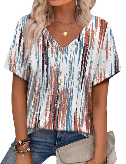 Womens Summer Tops Short Sleeve V Neck Casual T-Shirts Printed Trendy Vacation Outfits