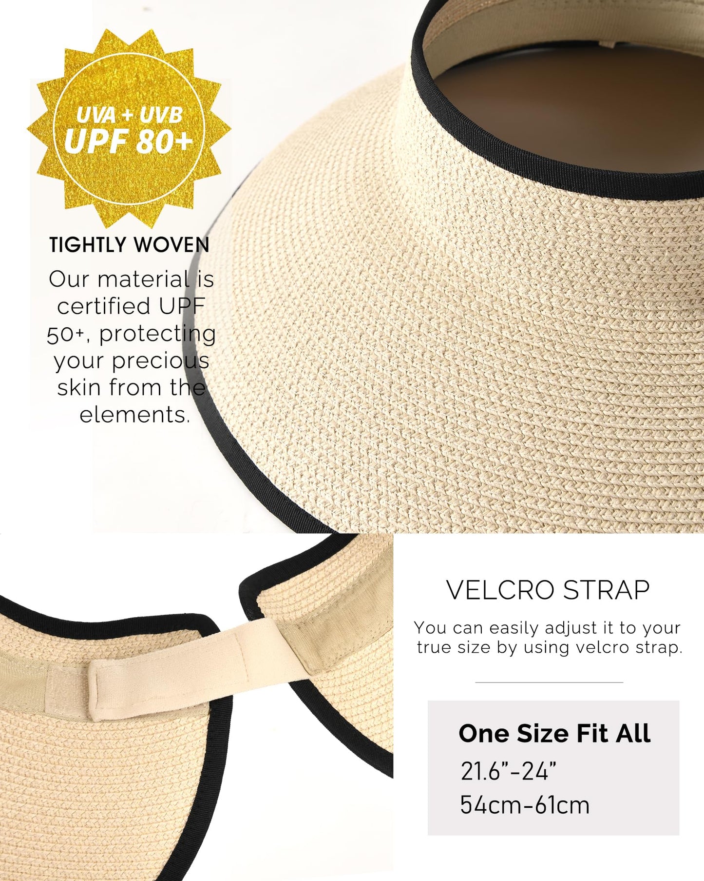 FURTALK Sun Visor Hats for Women Wide Brim Straw Roll Up Ponytail Summer Beach Hat UV UPF 50 Packable Foldable Travel