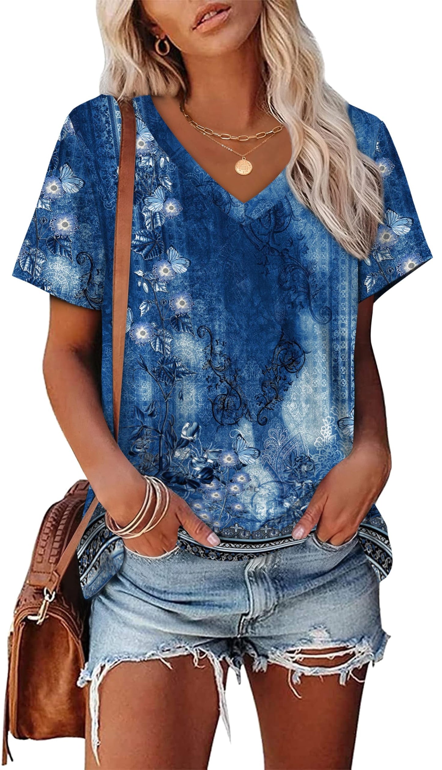 Womens Summer Tops Short Sleeve V Neck Casual T-Shirts Printed Trendy Vacation Outfits