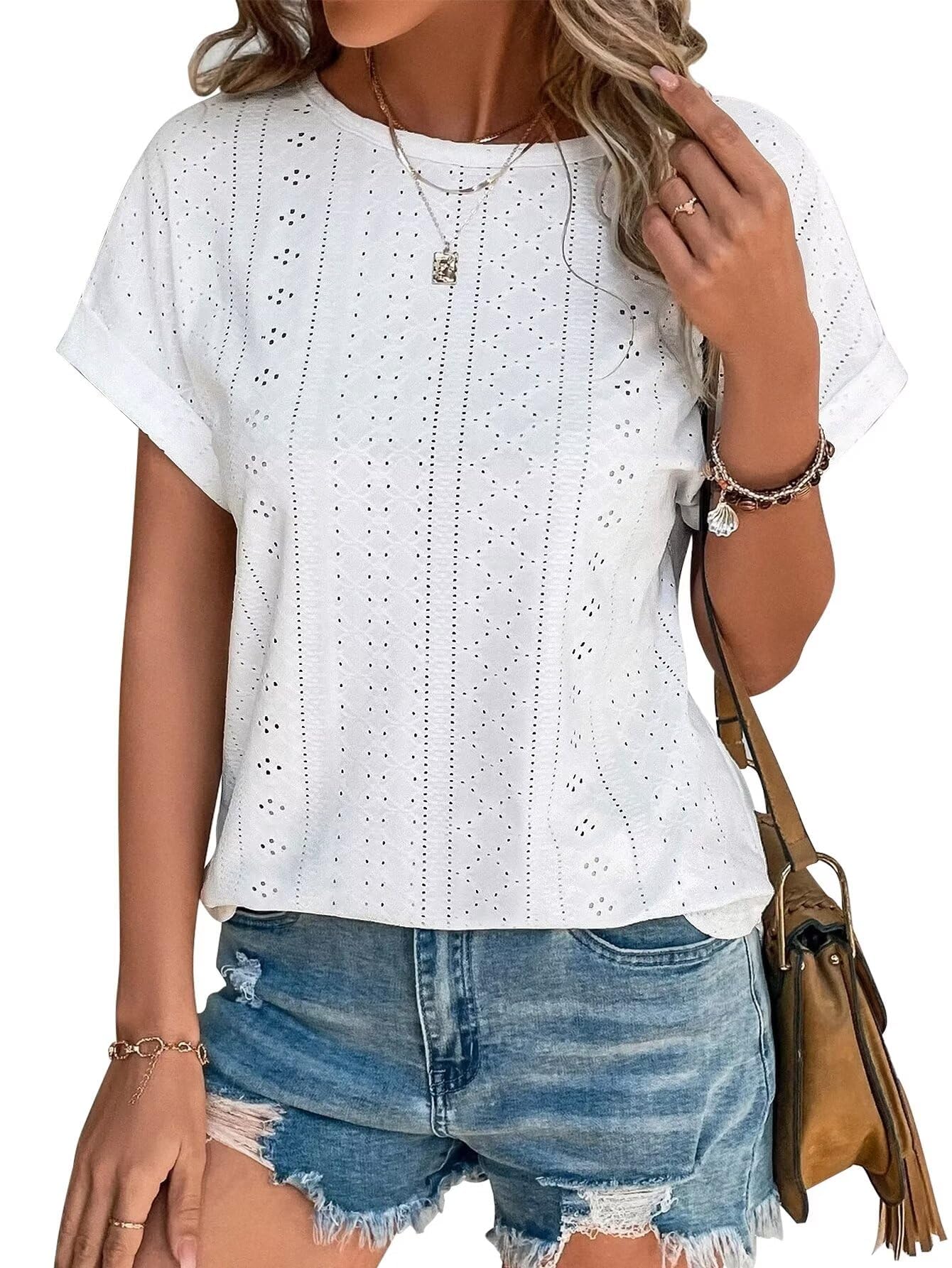 Womens Tops Eyelet Embroidery Summer Spring Crewneck Curved Hem 2025 Casual Cap Short Sleeve Tunic Trendy T Shirts