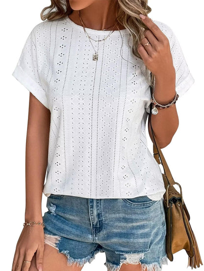 Womens Tops Eyelet Embroidery Summer Spring Crewneck Curved Hem 2025 Casual Cap Short Sleeve Tunic Trendy T Shirts