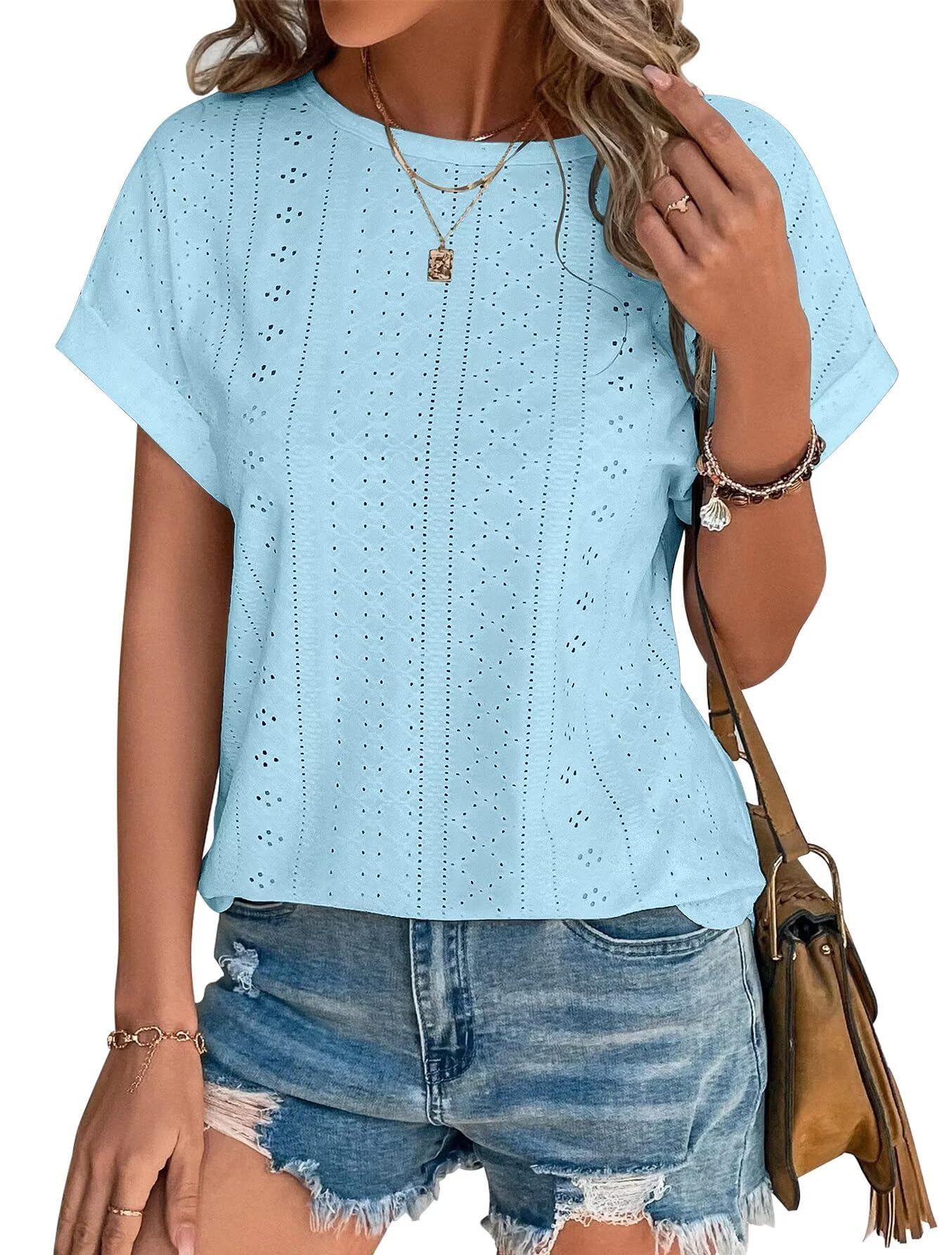 Womens Tops Eyelet Embroidery Summer Spring Crewneck Curved Hem 2025 Casual Cap Short Sleeve Tunic Trendy T Shirts
