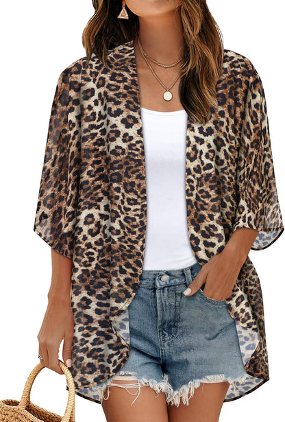 Womens Floral Kimono Cardigan Chiffon Beach Coverups Sheer Swimsuit Cover Up Casual Summer Tops