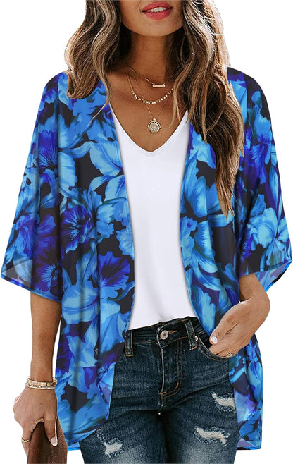 Womens Floral Kimono Cardigan Chiffon Beach Coverups Sheer Swimsuit Cover Up Casual Summer Tops