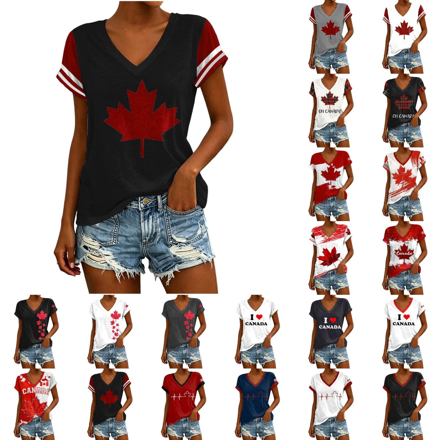 Womens Canada Day Shirts V Neck Short Sleeve Maple Leaf Flag Patriotic Tops Summer Casual Loose 1st July Canadian T-Shirts