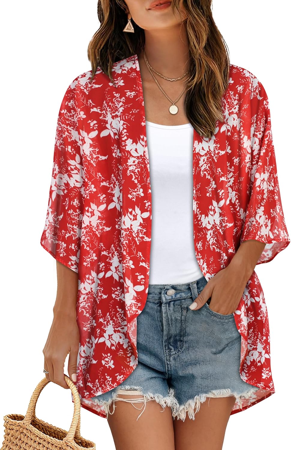 Womens Floral Kimono Cardigan Chiffon Beach Coverups Sheer Swimsuit Cover Up Casual Summer Tops