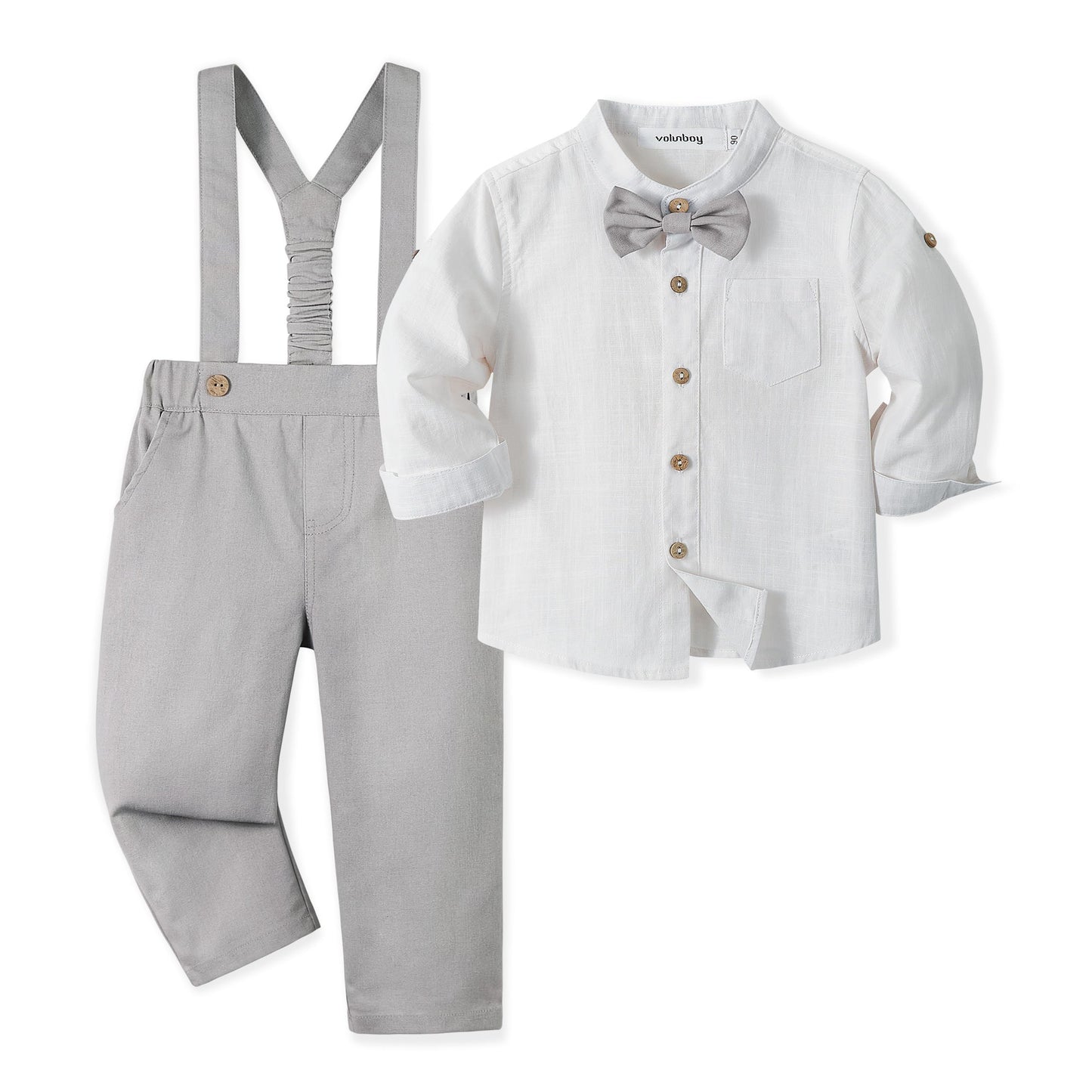 Volunboy Baby Boys Cotton Linen Formal Suspenders Outfits with Bowtie Toddler Long Sleeve Gentleman Wedding Dress Clothes