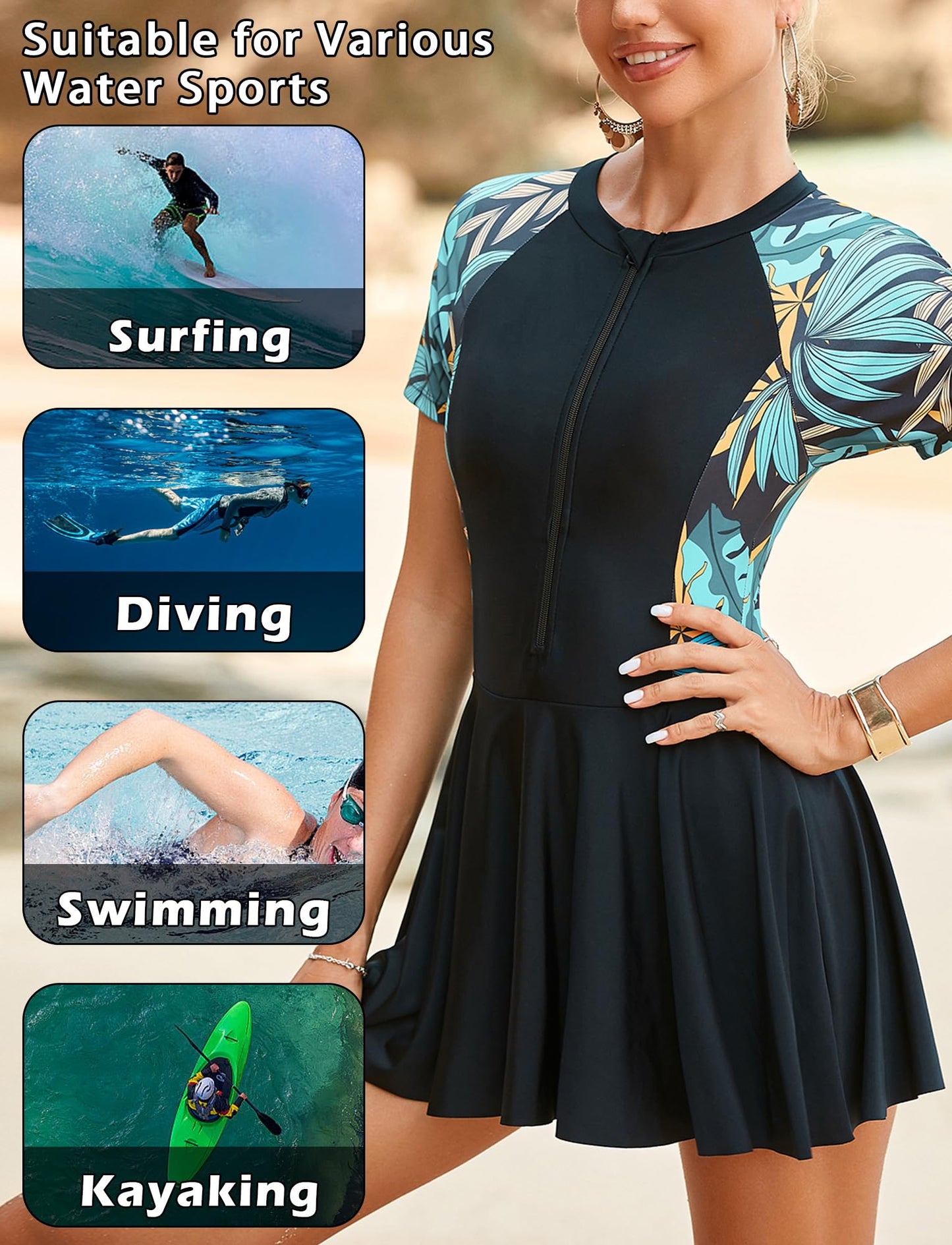 FEOYA Women's Short Sleeve Swimsuits Swim Dress 50+ UPF Rash Guard Modest One Piece Swimwear with Skirt Bathing Suit