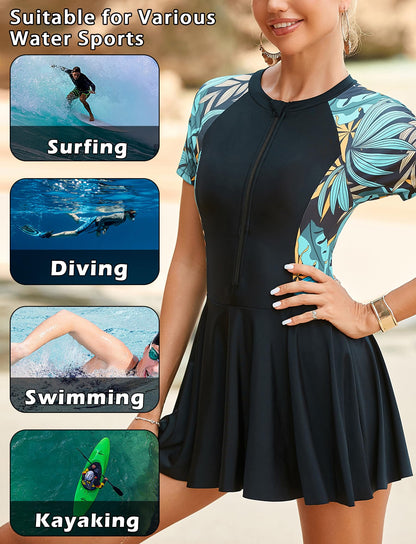 FEOYA Women's Short Sleeve Swimsuits Swim Dress 50+ UPF Rash Guard Modest One Piece Swimwear with Skirt Bathing Suit